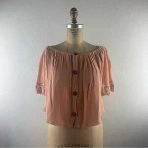 Jen's Pirate Booty l S Off-Shoulder Gauze Crochet Boho Beach Cover-Up Blouse Top